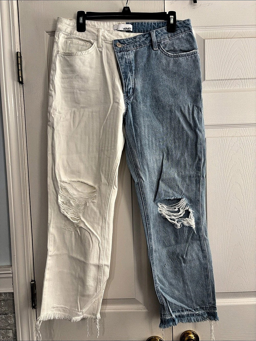 Vervet Two Tone Split Distressed Straight Jeans Color Block Distressed Straight-